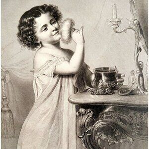 Girl With Makeup Mammas Toilet Steel Engraving 1859 Victorian Art DWY5D